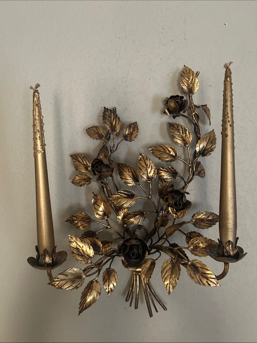 FABULOUS PAIR RARE VINTAGE ITALIAN GILT ROSE DOUBLE WALL SCONCES - Picture 5 of 16